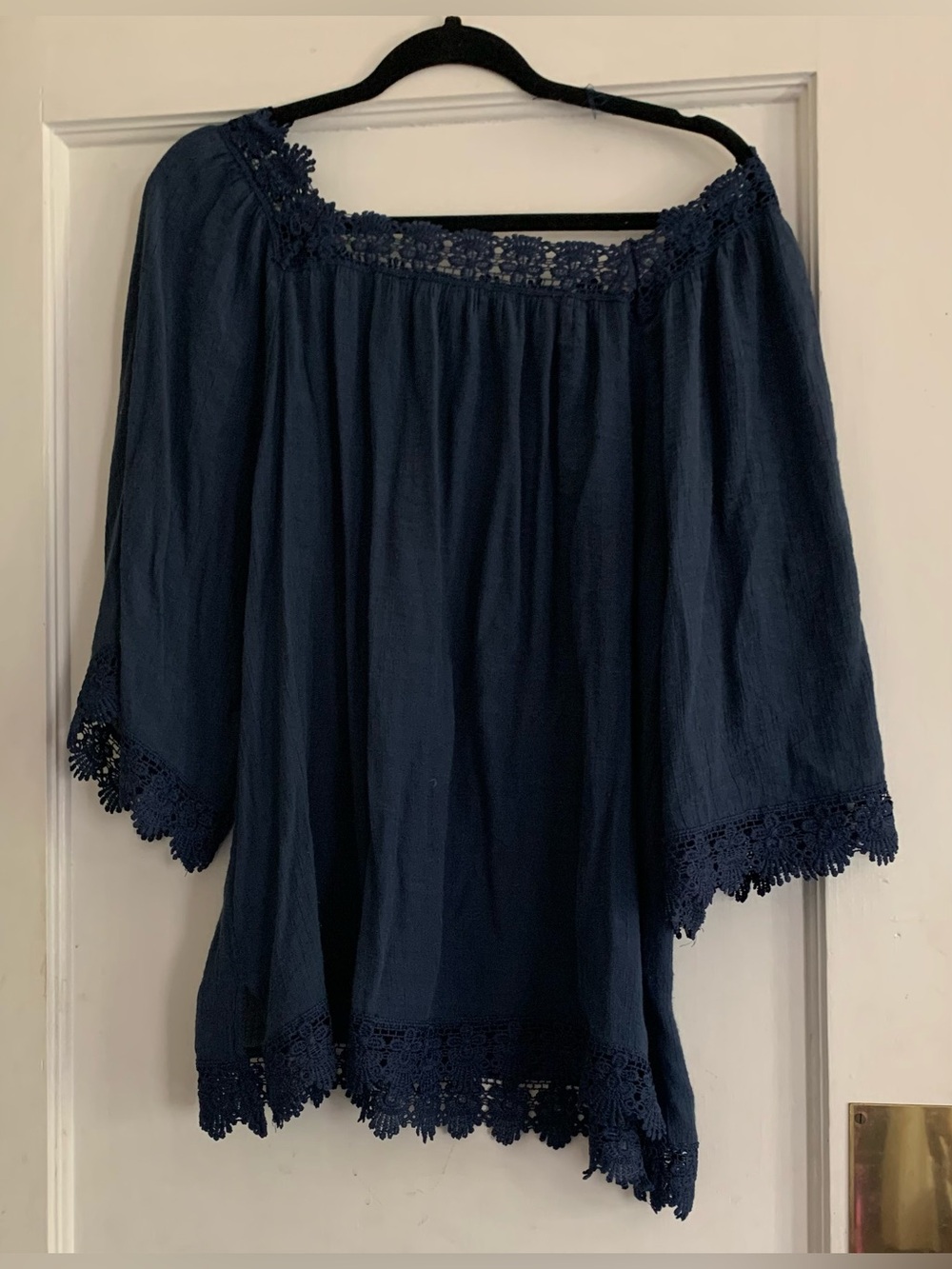 Zac & Rachel Semi Sheer Square Neck Crochet Blue Blouse Bell Sleeves Gypsy Drama - Picture 8 of 13